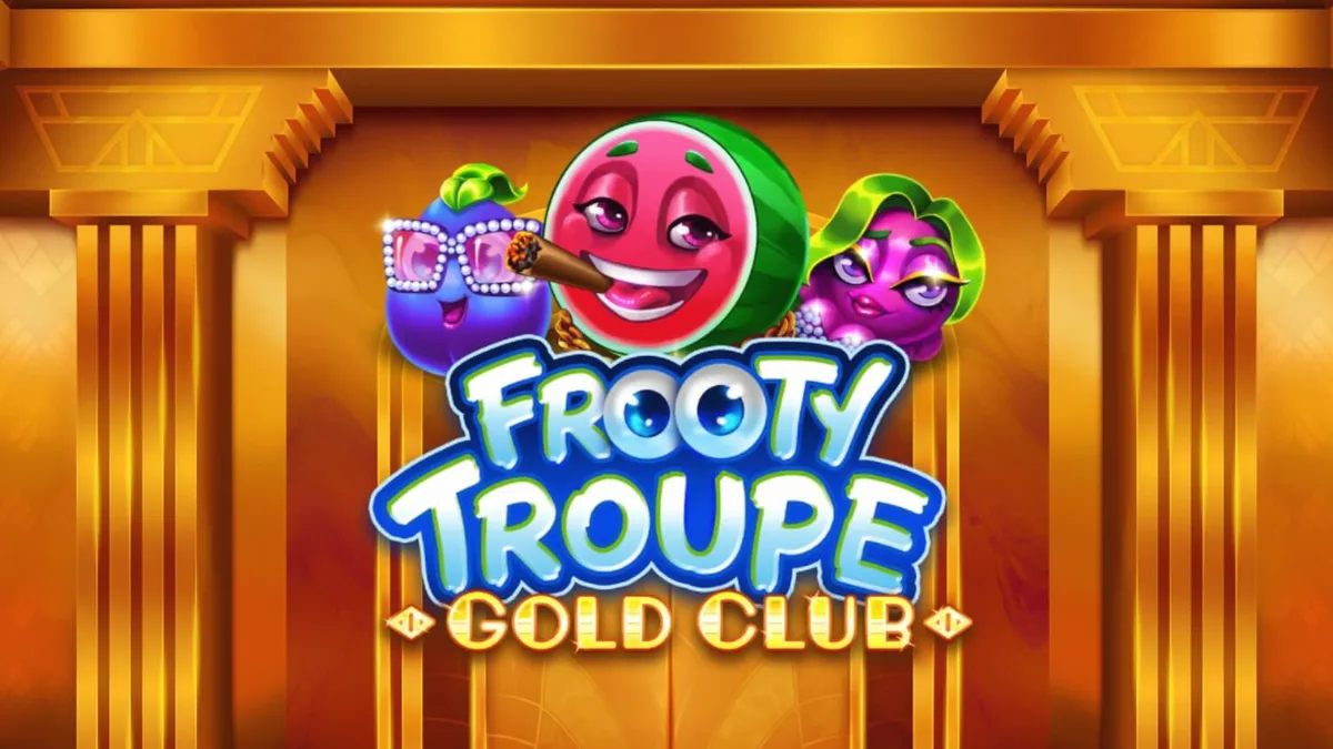 Tampilan visual mewah slot Frooty Troupe – Gold Club dengan nuansa emas dan simbol buah berlian.